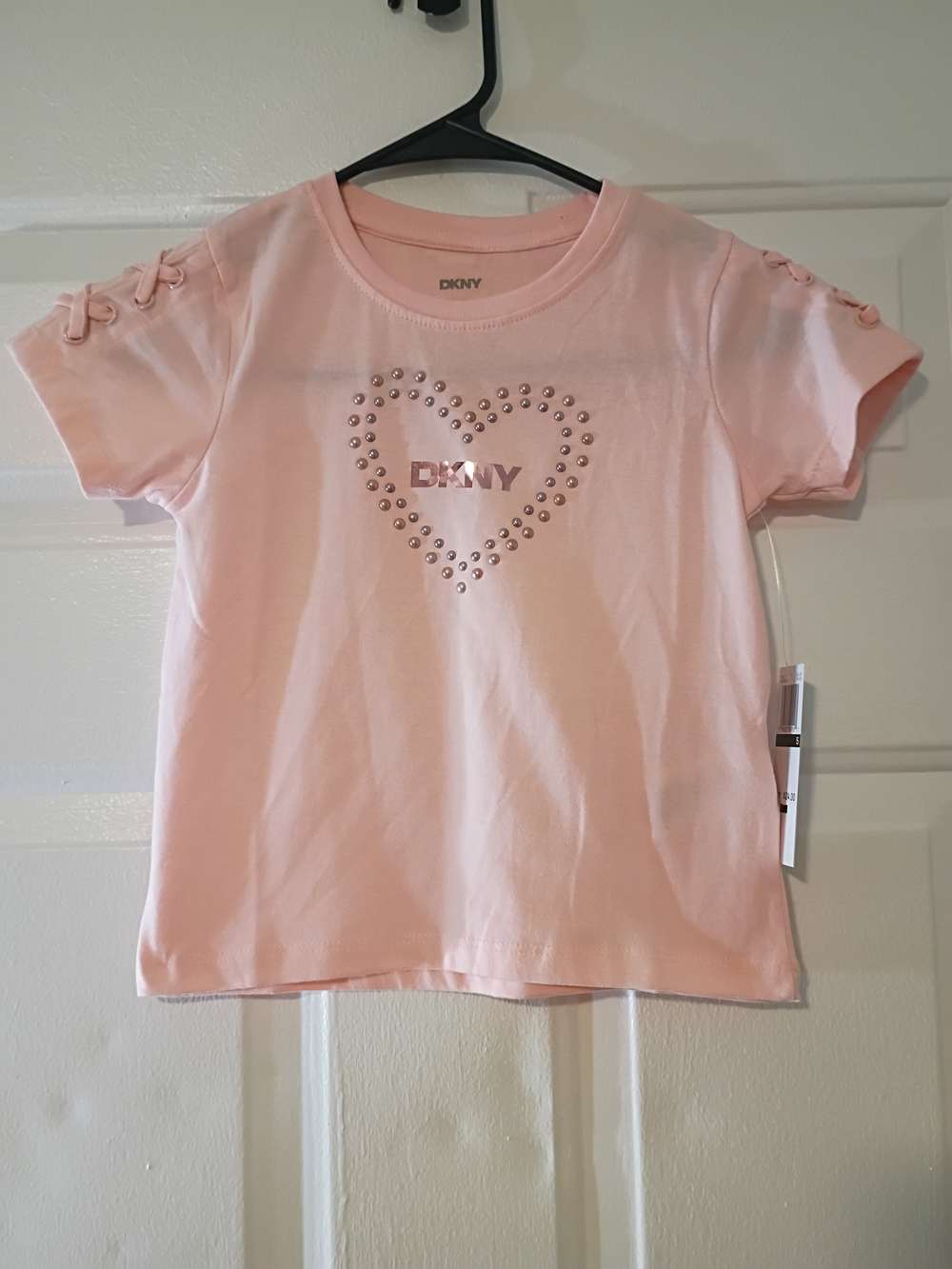 DKNY Girls' Light Pink Studded Heart Short Sleeve Tee